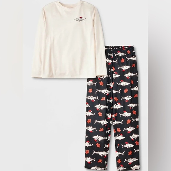 Cat & Jack Boys’ 2Pc Santa Shark Christmas Long Sleeve Pajama Set - Off White L - Picture 1 of 6